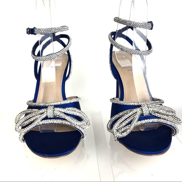 Madden Girl True Rhinestone Bow Evening Dress Blue Satin Sandals Heels Sz 8 - Picture 2 of 8
